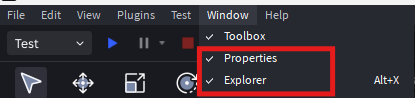 Roblox Studio: enable the Explorer and Properties panels.